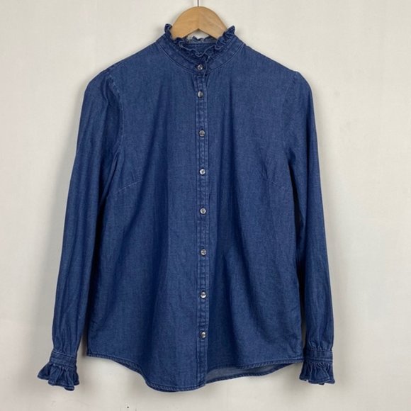 J.Crew S Denim Shirt Ruffleneck Chambray Blue Classic Fit - Picture 2 of 12